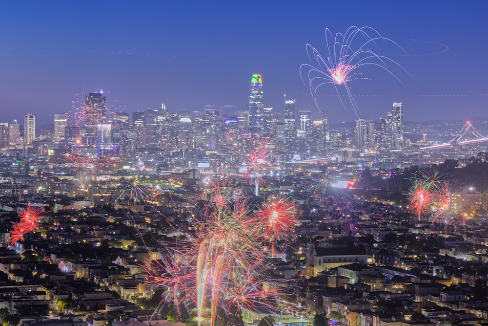 SAN FRANCISCO, CALIFORNIA, USA - JULY 4, 2025: July 4th Fireworks in San Francisco in the Evening from Overlook