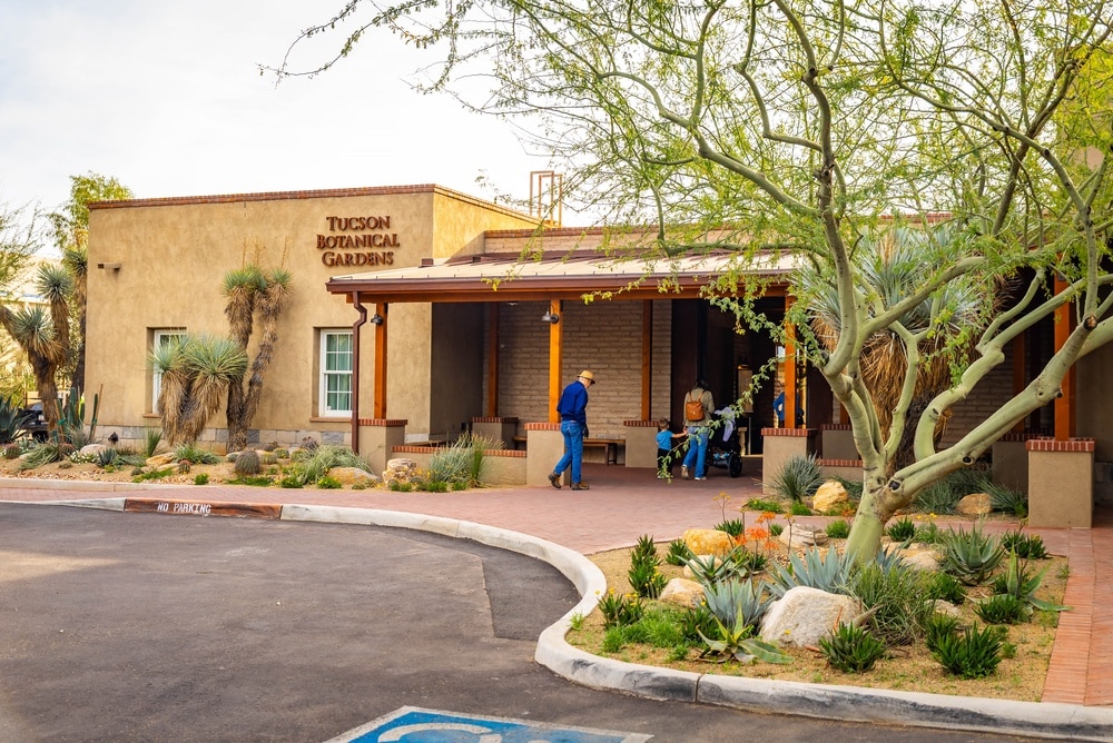 Tucson, AZ, USA - February 15, 2026: Entrance building of Tucson Botanical Gardens welcomes visitors in Tucson Arizona