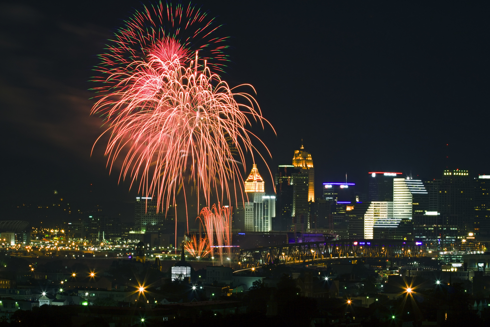 Fourth of July fireworks in downtown Cincinnati, Ohio.