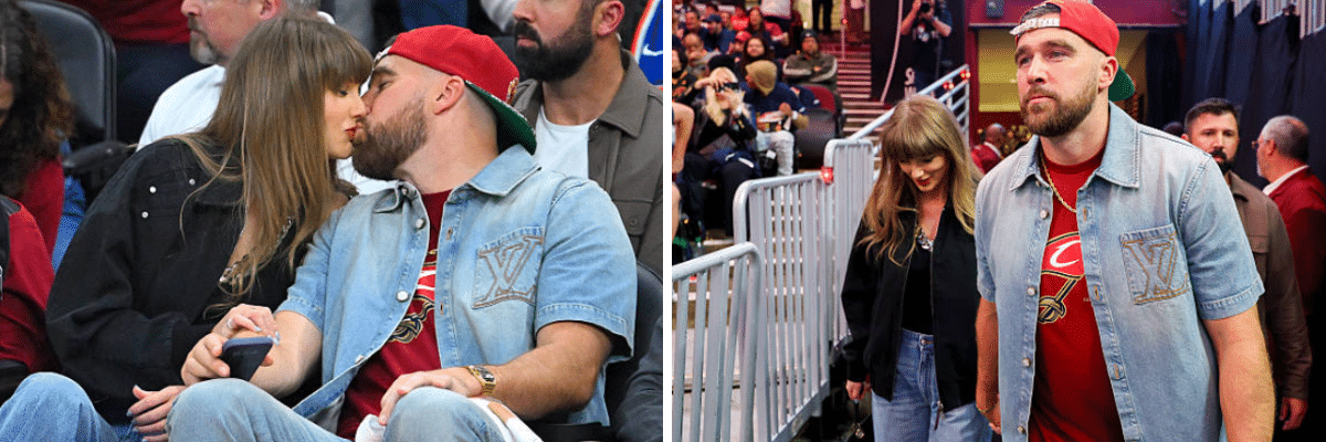 CLEVELAND, OHIO - MAY 23: (L-R) Singer Taylor Swift and Travis Kelce of the Kansas City Chiefs attend Game Three between the New York Knicks and the Cleveland Cavaliers in the NBA Eastern Conference Finals at Rocket Arena on May 23, 2026 in Cleveland, Ohio. NOTE TO USER: User expressly acknowledges and agrees that, by downloading and or using this photograph, User is consenting to the terms and conditions of the Getty Images License Agreement. (Photo by Gregory Shamus/Getty Images)