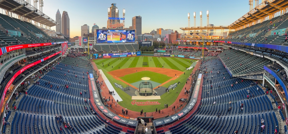 Cleveland - October 18, 2024: Progressive Field panorama, home of the Cleveland Guardians. Progressive Field has been home to the MLB Guardians since 1994.