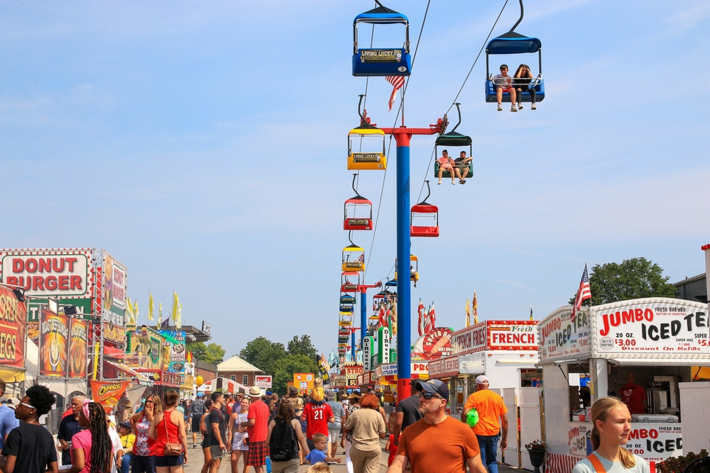 Columbus, Ohio, USA - 5 August 2024: Sky Glider over the midway at the Ohio State Fair in August 2024.