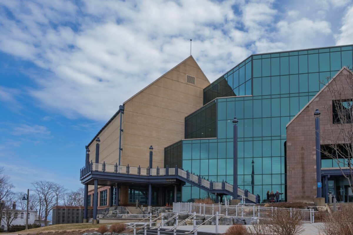 St. John's, Newfoundland and Labrador, Canada. -April 23, 2025: St. John's Downtown city scenery. Landmark building, on the side of The Rooms under the blue sky.
