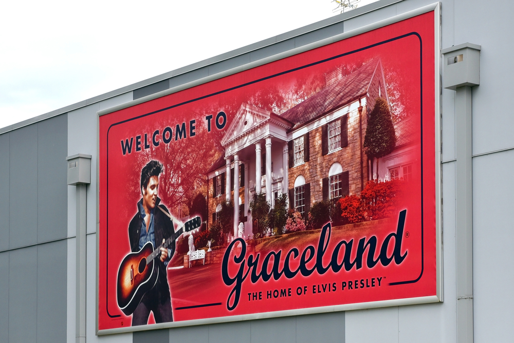 Memphis, TN, USA - September 24, 2019: Entrance to the Graceland complex featuring sign of Elvis