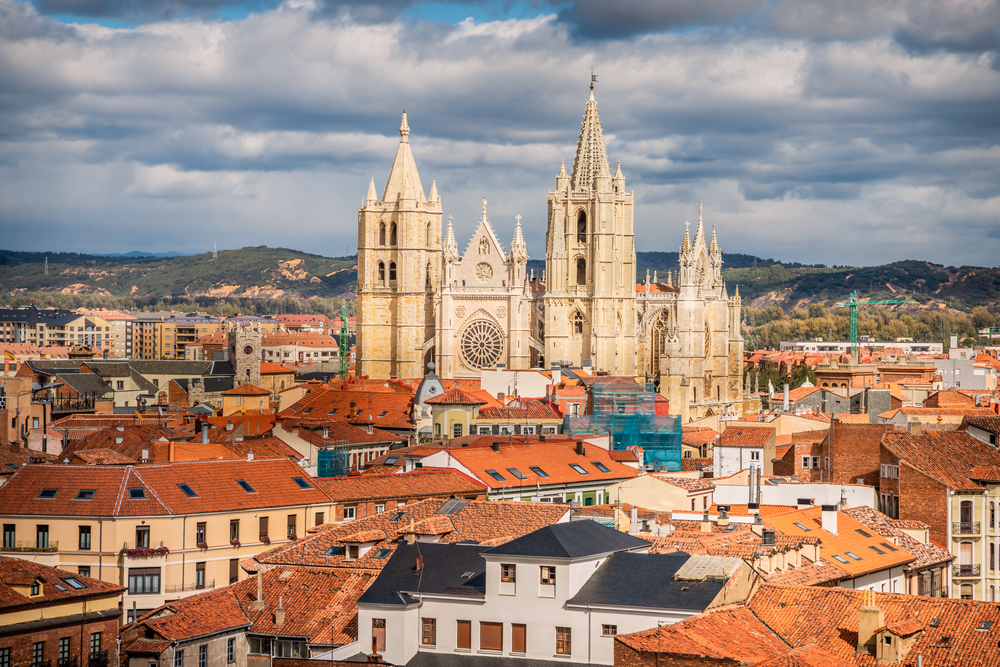 Gothic Cathedral and Old Town Rooftops Skyline of Leon along the Pilgrim Way of St James Trail Camino de Santiago