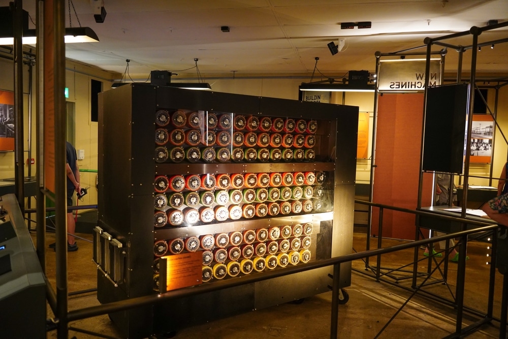 Bletchley, UK: 8 September 2023: A replica of a Turing Bombe codebreaking machine, at Bletchley Park. The Bombe was used to help speed up the process of decrypting Enigma messages