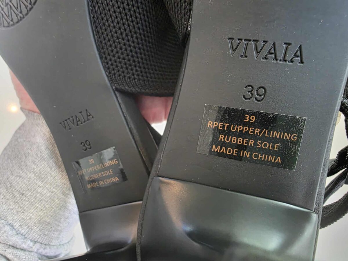 Vivaia shoes are made in China, a photo of the bottom of the shoes saying this