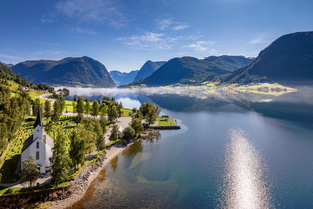 A drone view of Helgheim church and village in Vestland County of Norway