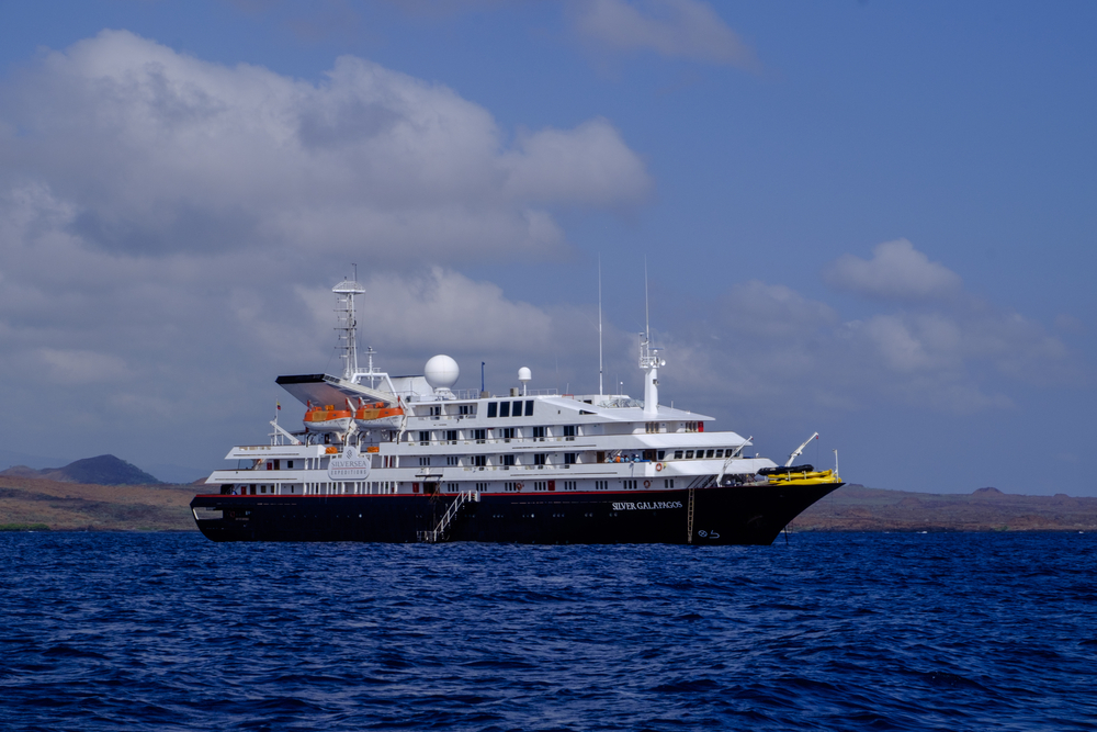 GALAPAGOS ISLANDS, ECUADOR - 7 FEBRUARY 2016 - Silversea's luxury expedition cruise ship Silver Galapagos with 100 passenger capacity cruising around the Galapagos Islands